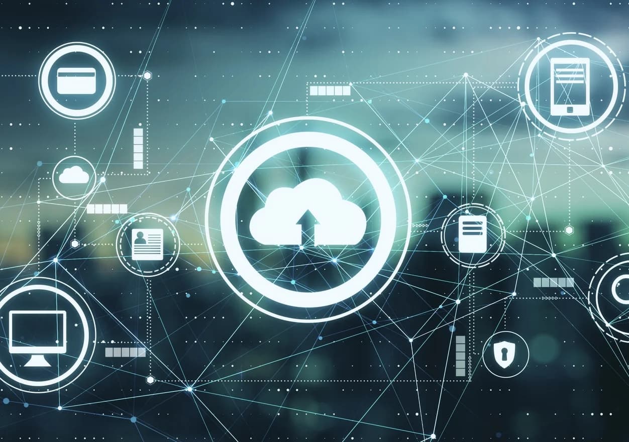 Cloud computing technology over a cityscape